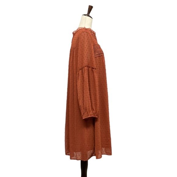 NWT Linda Anderson Crochet Trim Pull Sleeve Swiss Dot Dress Rust Size L - Picture 5 of 11